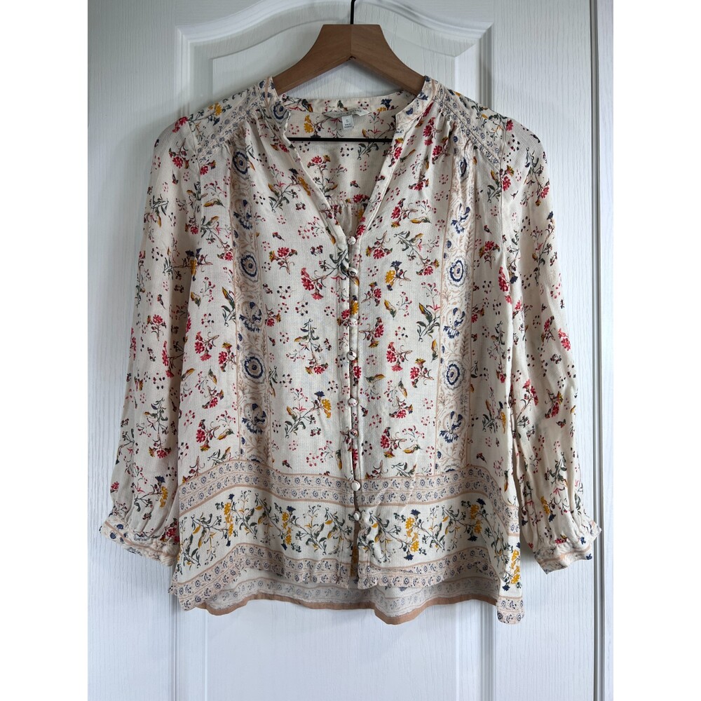 Lucky Brand Women's Cream Floral Button Front 3/4 Sleeve Blouse Viscose Size S